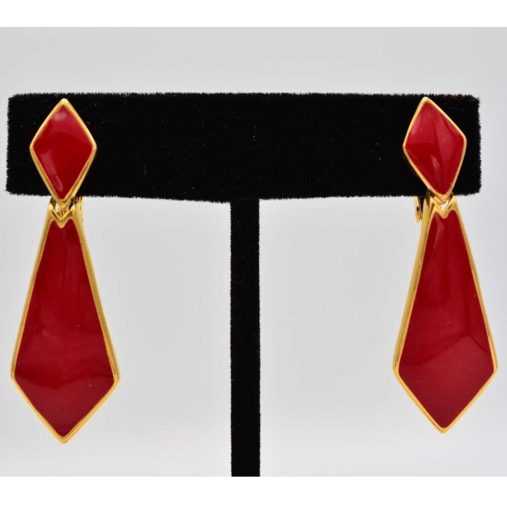 Napier Vintage Clip On Earrings Red Enamel Dangle Chunky Signed 80s 1980s BinAI